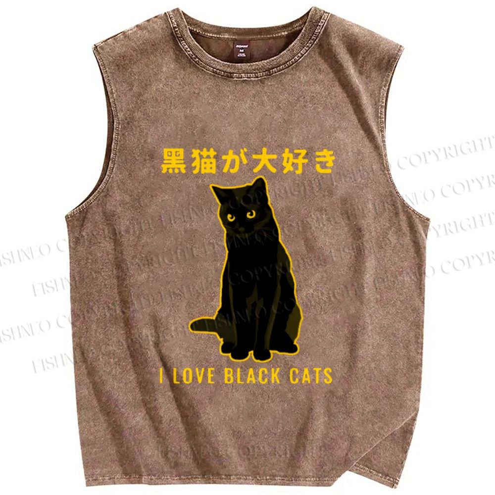 Unisex Black Cat Printed Washed Tank Top