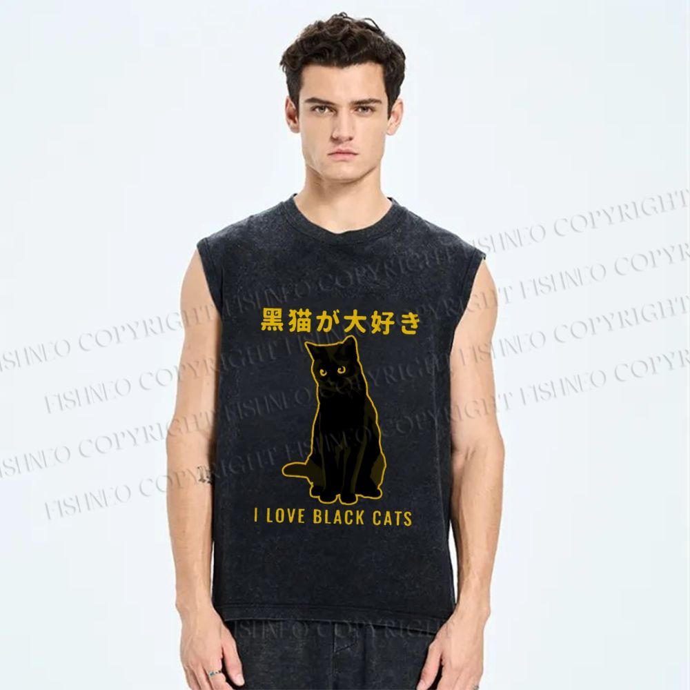 Unisex Black Cat Printed Washed Tank Top