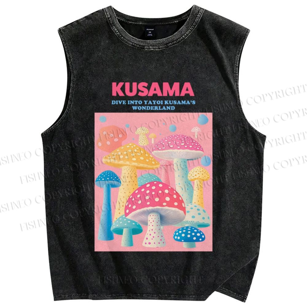 Unisex Yayoi Kusama Pink Mushroom Printed Washed Tank Top