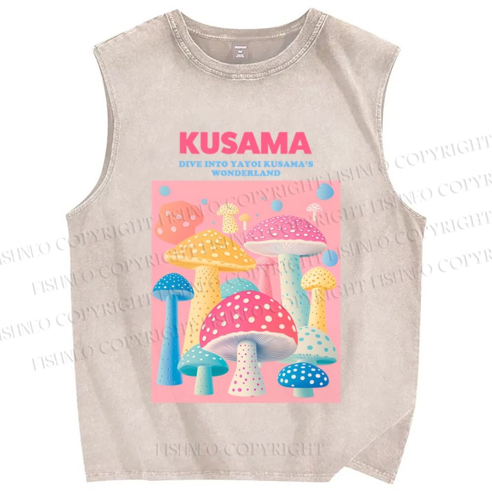 Unisex Yayoi Kusama Pink Mushroom Printed Washed Tank Top