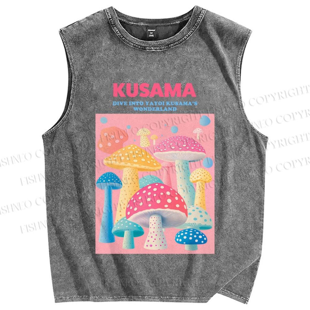 Unisex Yayoi Kusama Pink Mushroom Printed Washed Tank Top
