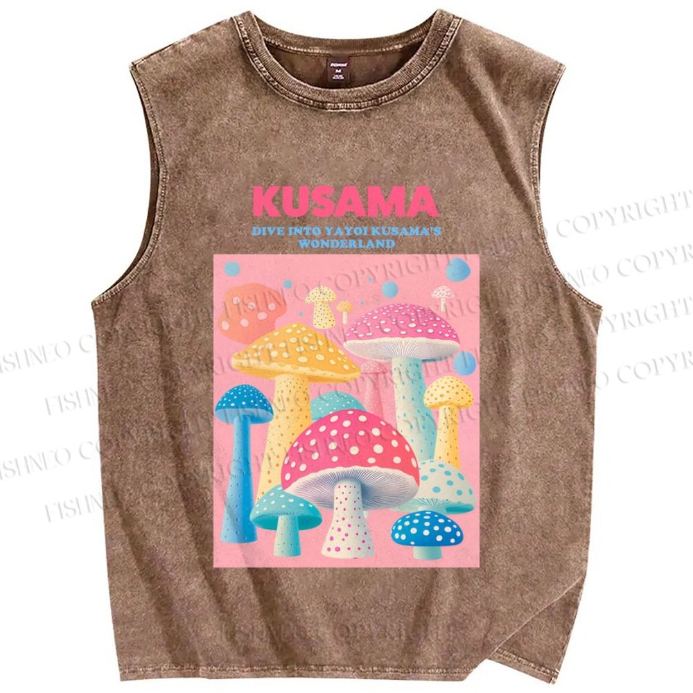 Unisex Yayoi Kusama Pink Mushroom Printed Washed Tank Top