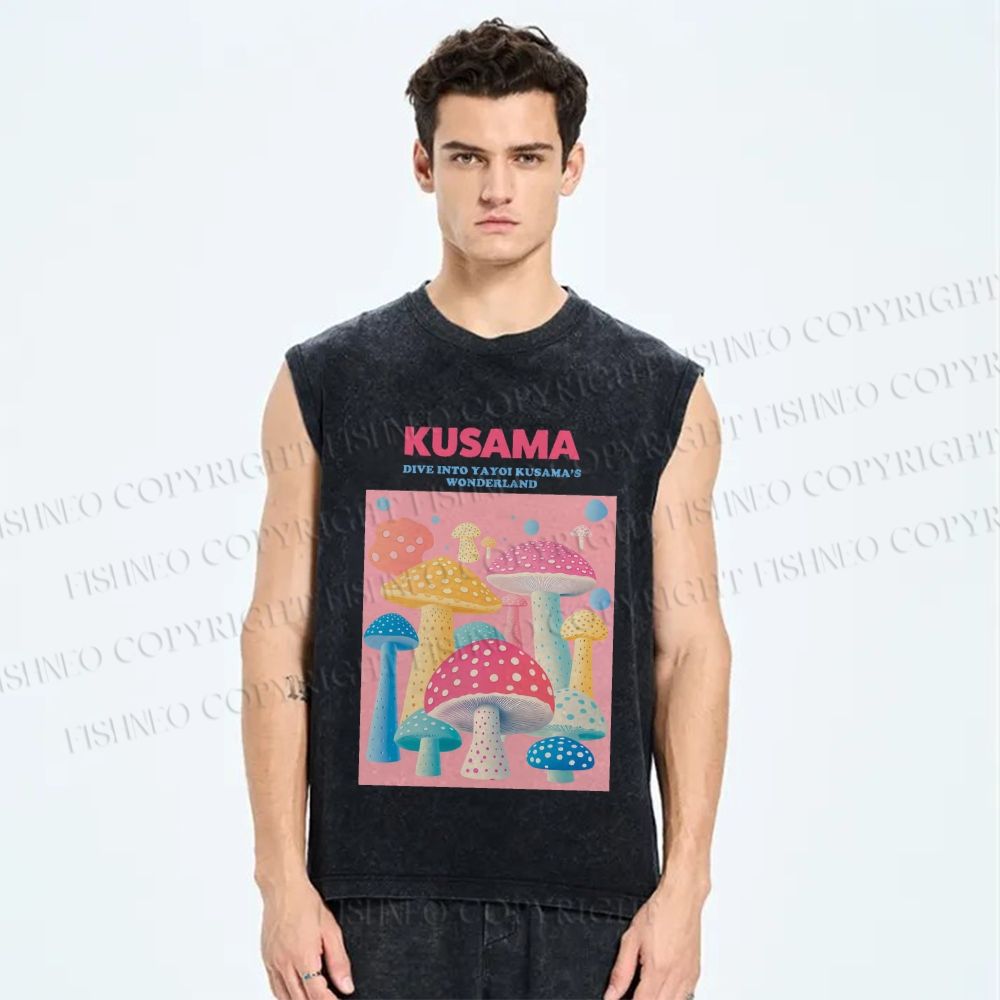 Unisex Yayoi Kusama Pink Mushroom Printed Washed Tank Top