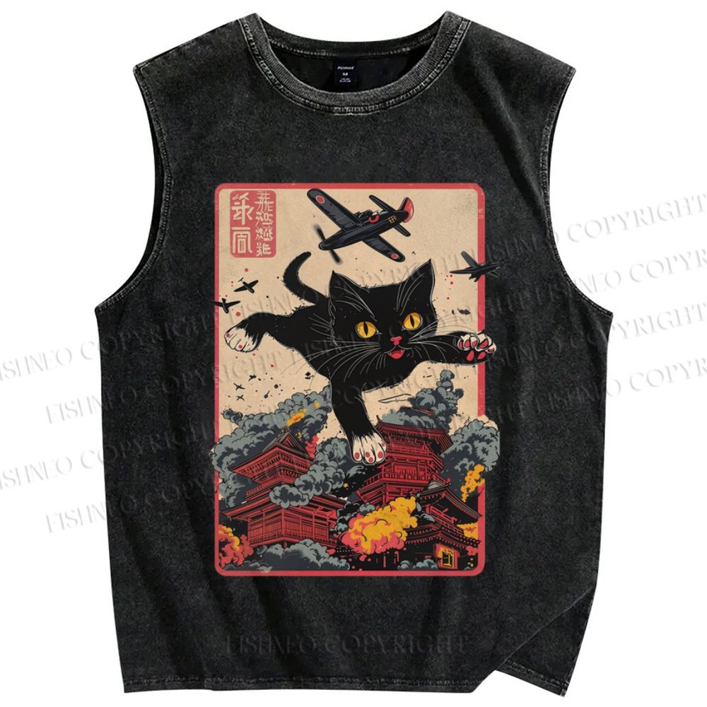 Unisex Vintage Black Cat Japanese Art Printed Washed Tank Top