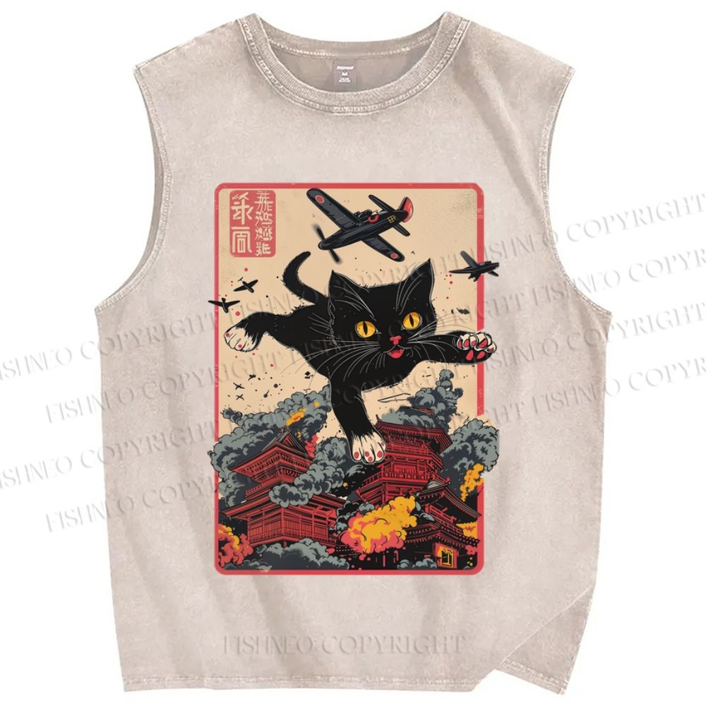 Unisex Vintage Black Cat Japanese Art Printed Washed Tank Top