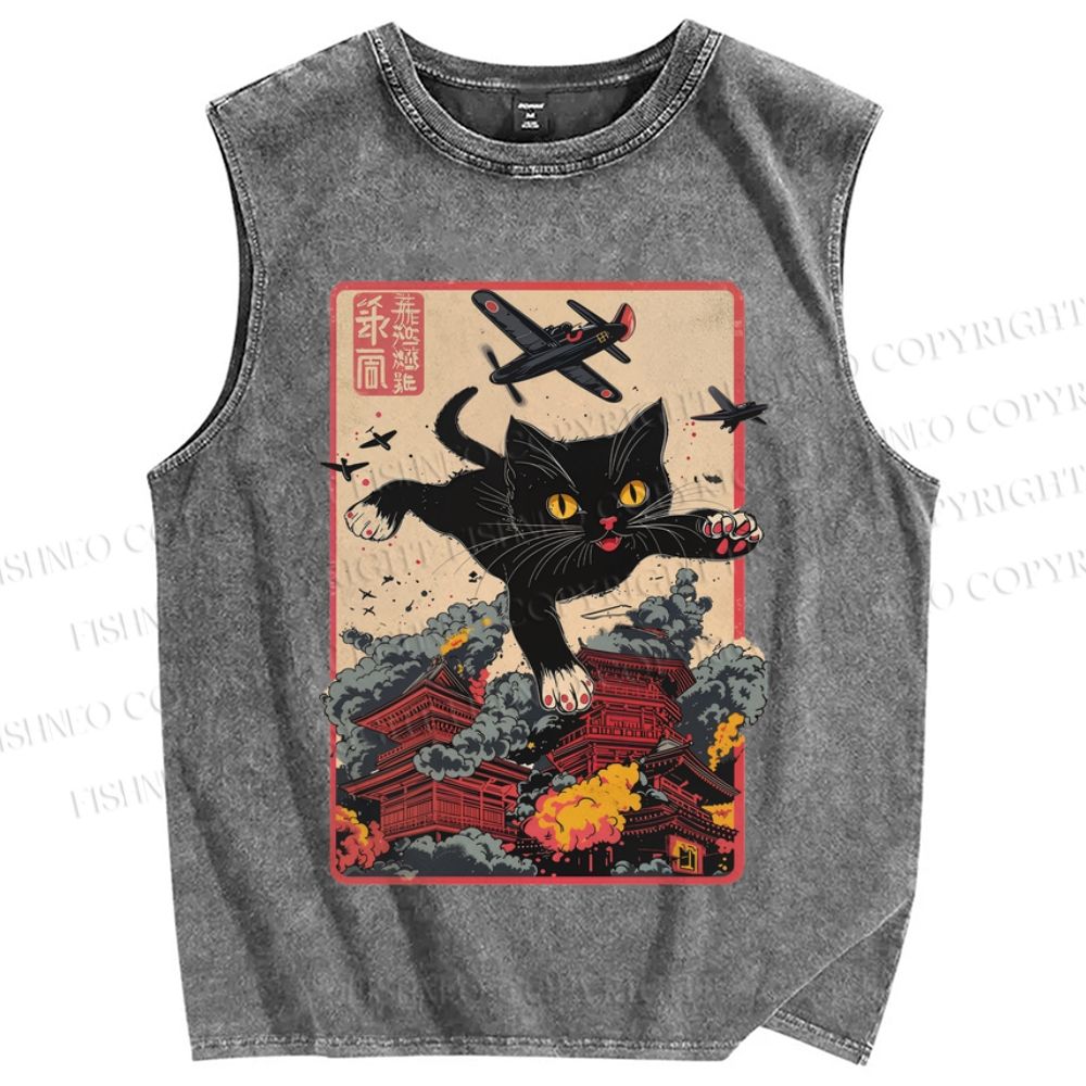 Unisex Vintage Black Cat Japanese Art Printed Washed Tank Top