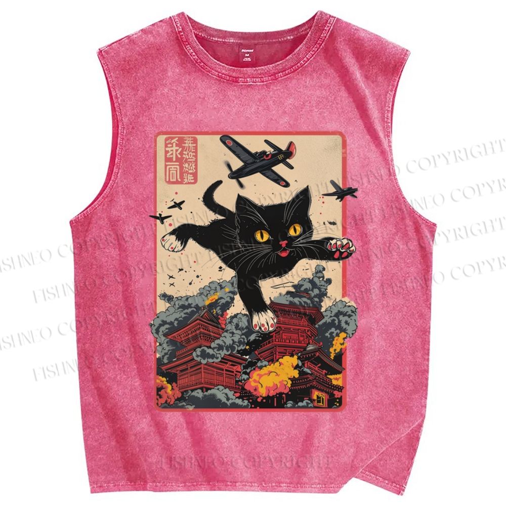 Unisex Vintage Black Cat Japanese Art Printed Washed Tank Top