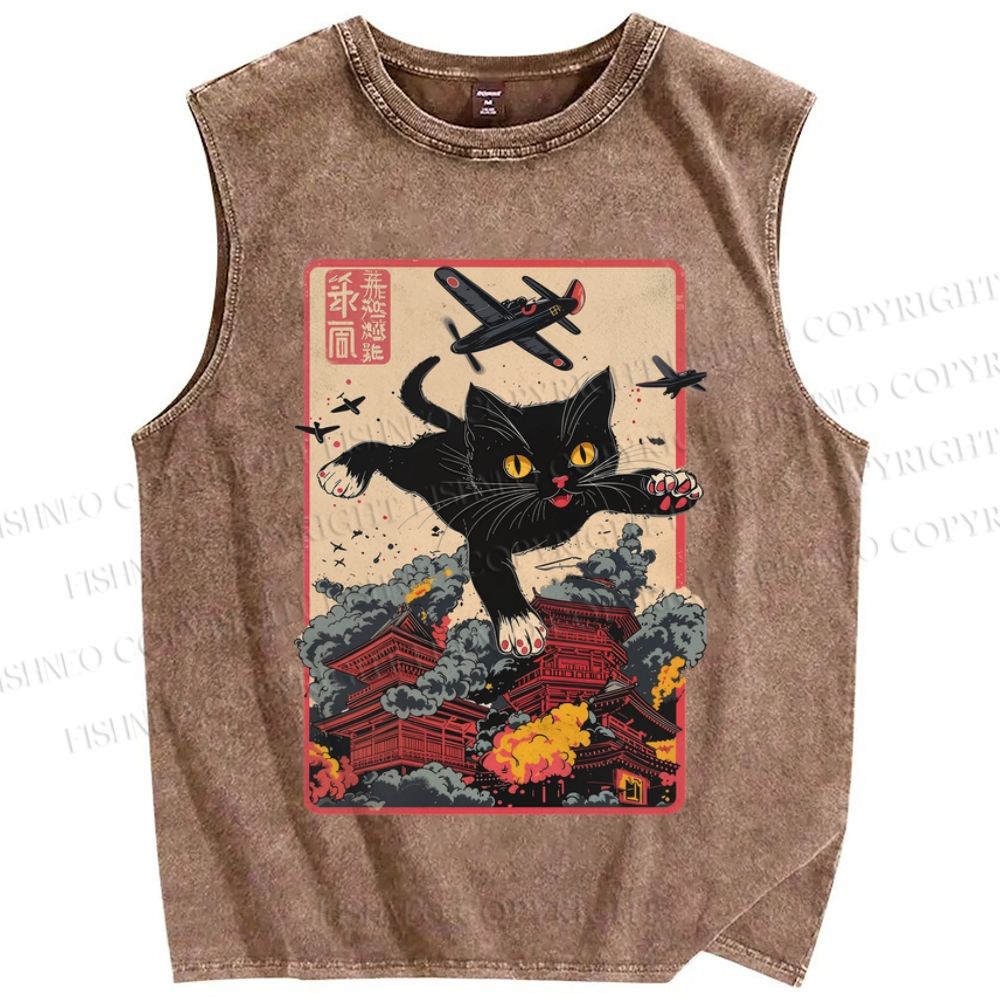 Unisex Vintage Black Cat Japanese Art Printed Washed Tank Top