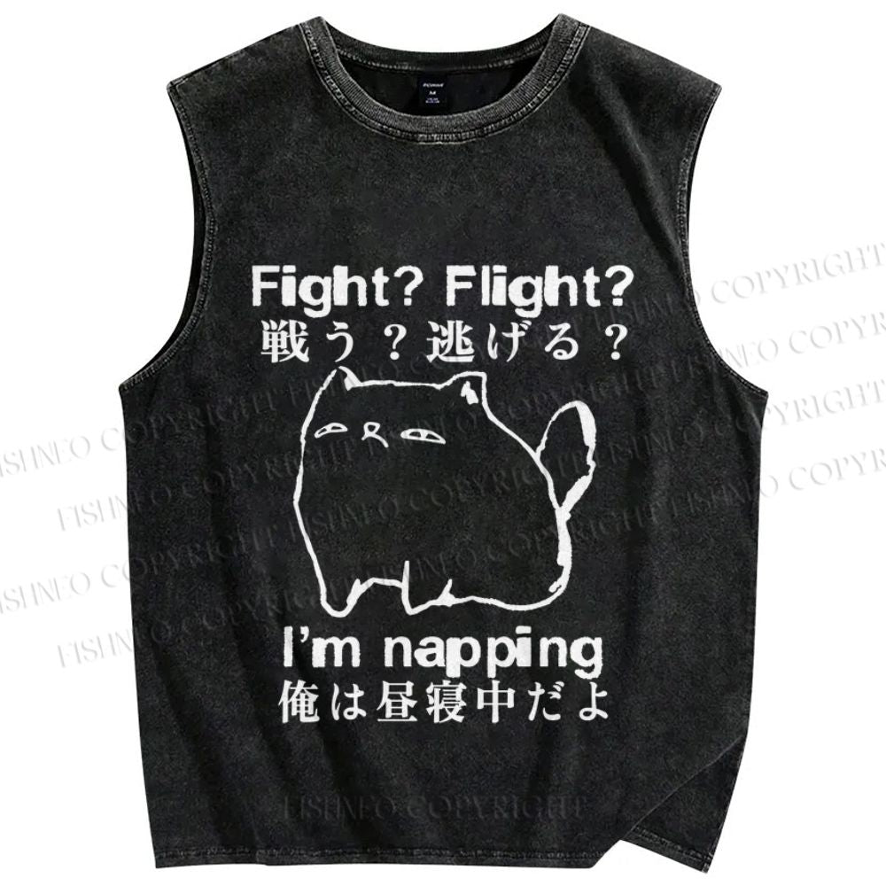 Unisex I am Napping Cat Japanese Printed Washed Tank Top