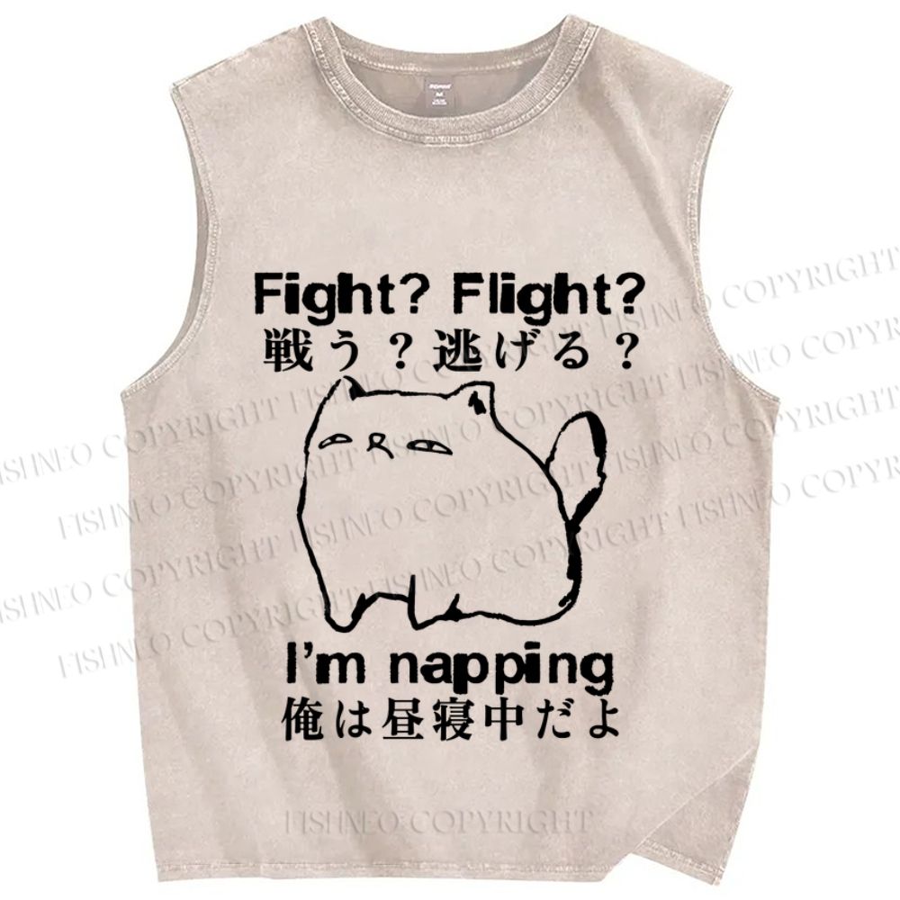 Unisex I am Napping Cat Japanese Printed Washed Tank Top
