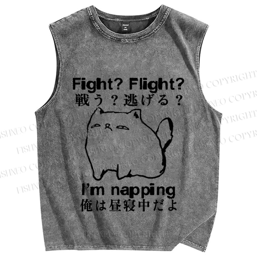 Unisex I am Napping Cat Japanese Printed Washed Tank Top