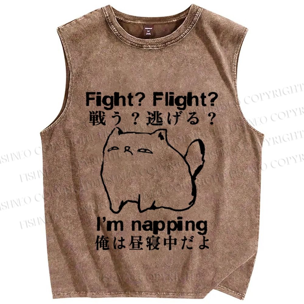 Unisex I am Napping Cat Japanese Printed Washed Tank Top
