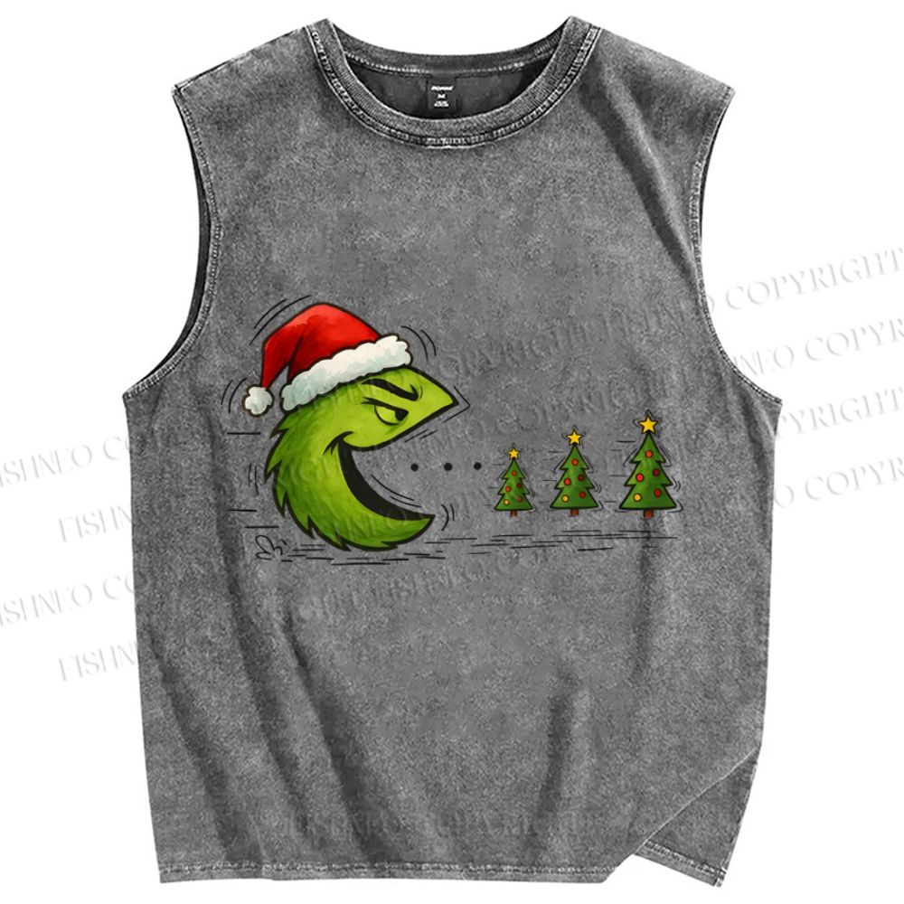 Unisex Pac-Man Grinch Christmas Printed Washed Tank Top