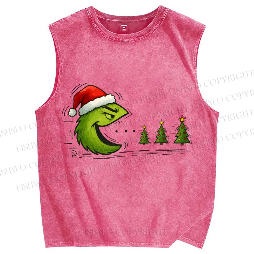 Unisex Pac-Man Grinch Christmas Printed Washed Tank Top