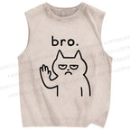 Unisex Bro Cat Printed Washed Tank Top