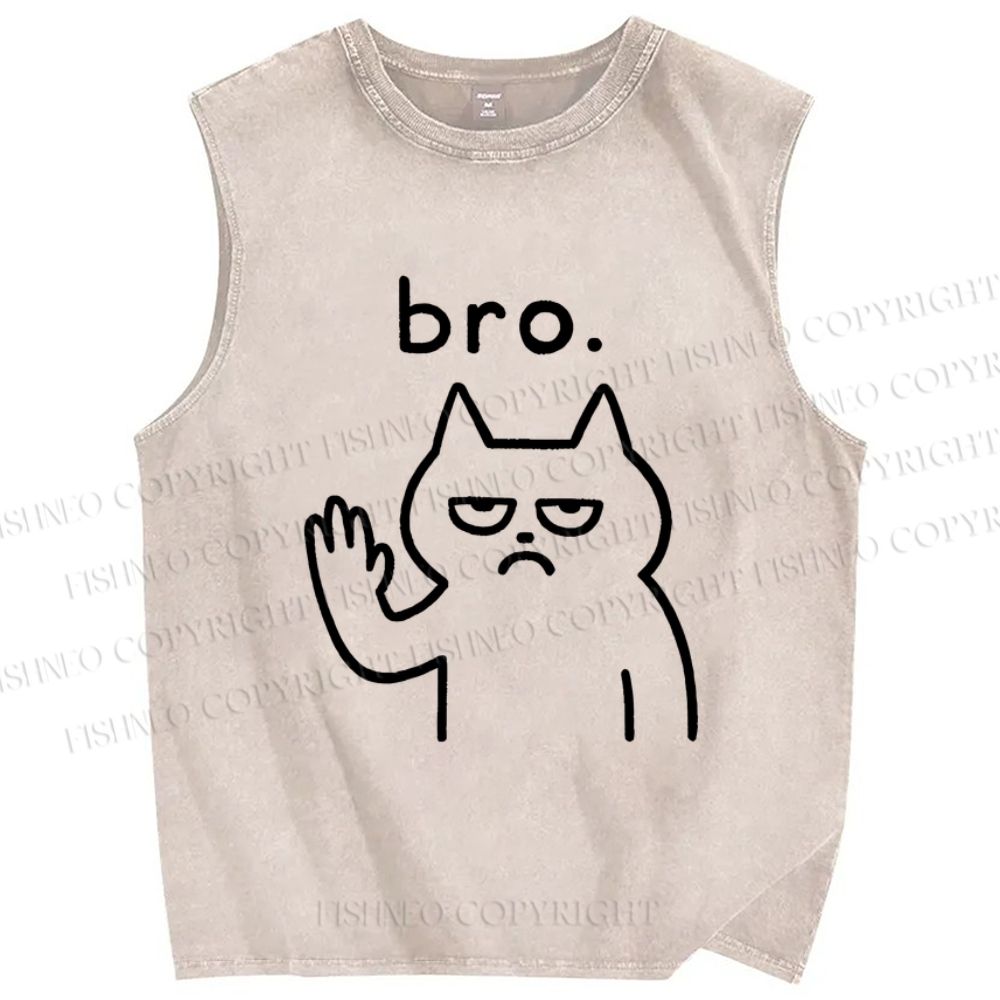 Unisex Bro Cat Printed Washed Tank Top
