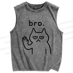 Unisex Bro Cat Printed Washed Tank Top