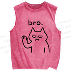 Unisex Bro Cat Printed Washed Tank Top