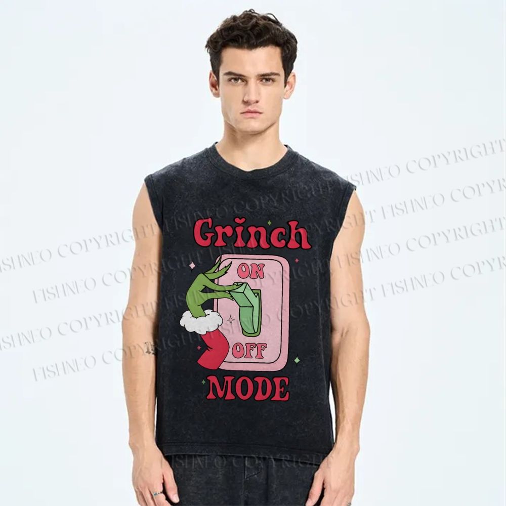 Unisex Christmas Grinch Mode On Printed Washed Tank Top