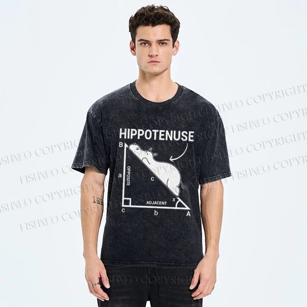 Unisex Right-angled Triangle Hippo Printed Washed Tee