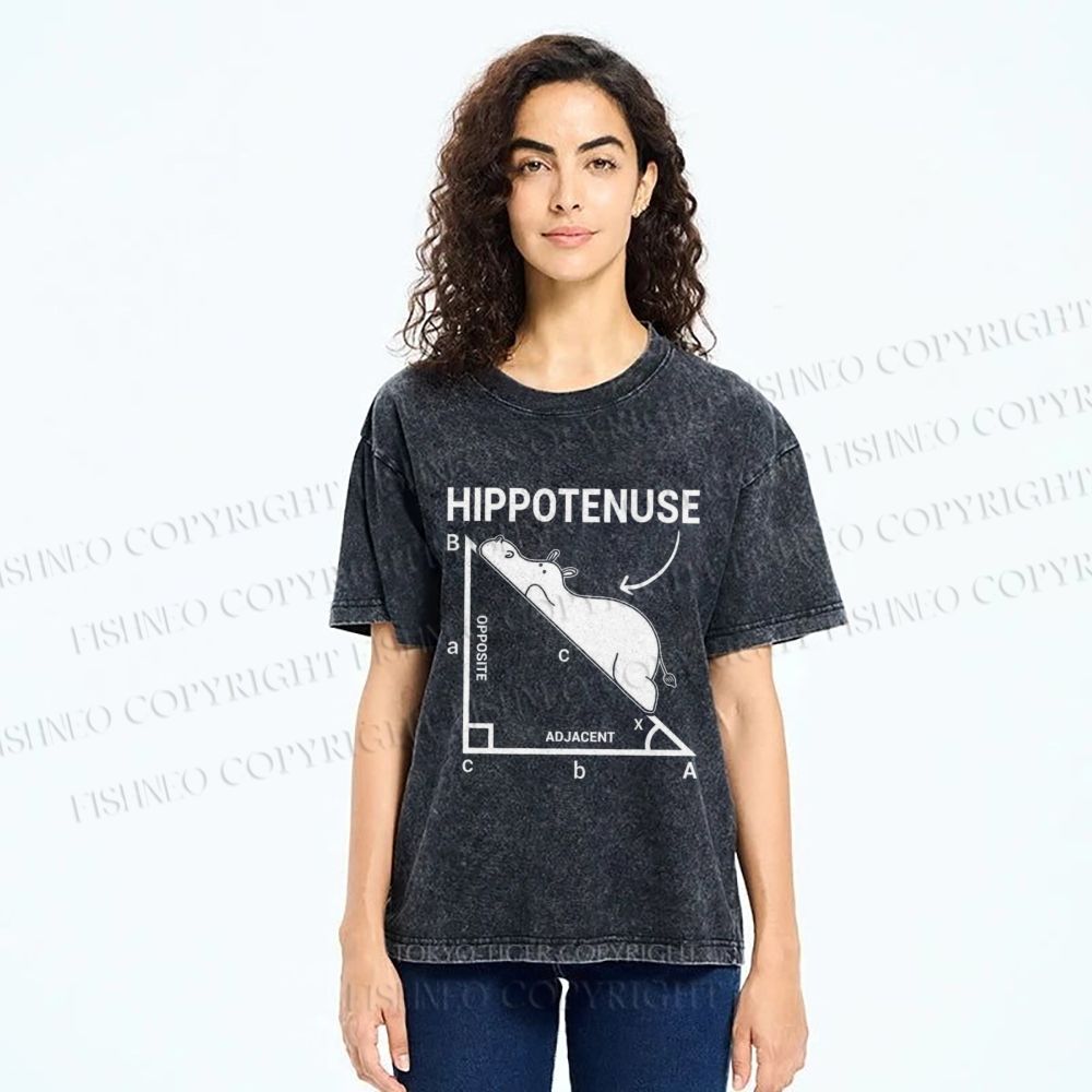 Unisex Right-angled Triangle Hippo Printed Washed Tee