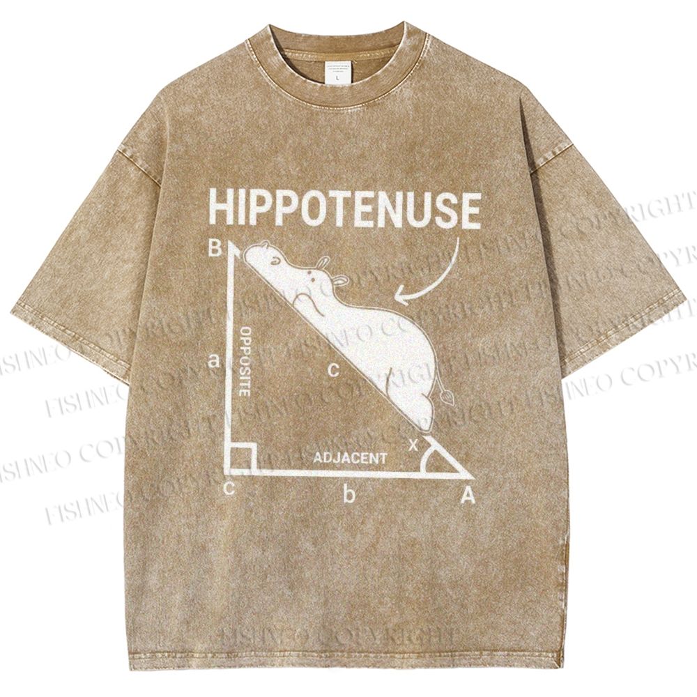 Unisex Right-angled Triangle Hippo Printed Washed Tee