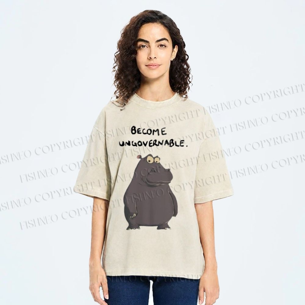 Unisex Hippo Become ungovernable Printed Washed Tee