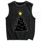 Unisex Black Cat Christmas Tree Printed Washed Tank Top