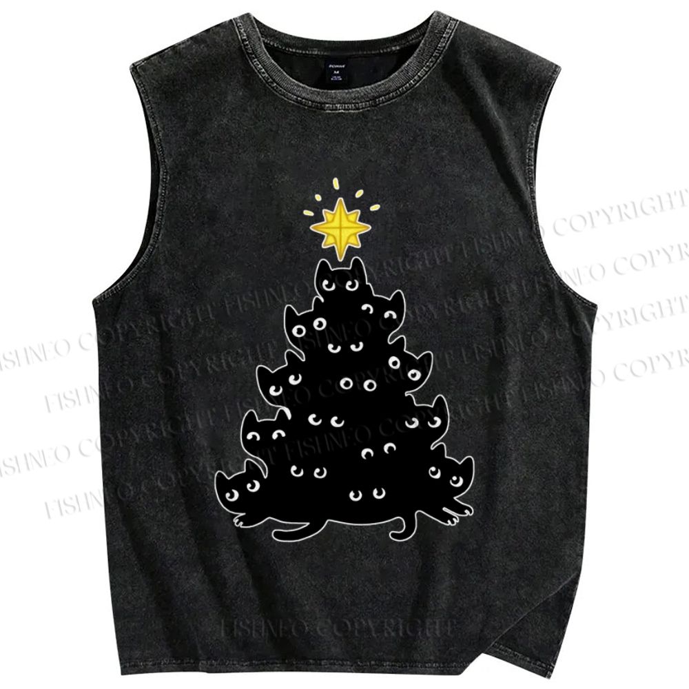 Unisex Black Cat Christmas Tree Printed Washed Tank Top