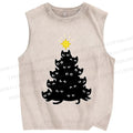 Unisex Black Cat Christmas Tree Printed Washed Tank Top