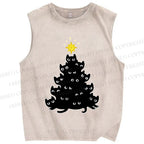 Unisex Black Cat Christmas Tree Printed Washed Tank Top