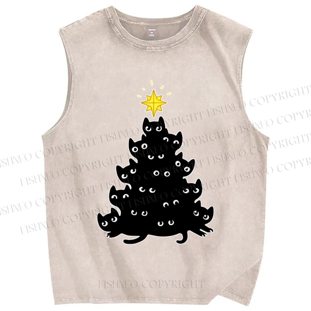 Unisex Black Cat Christmas Tree Printed Washed Tank Top