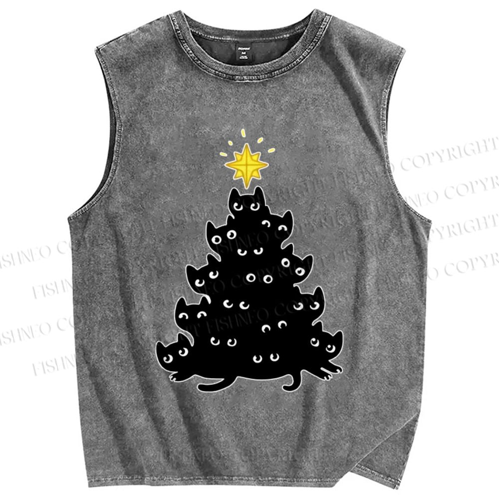 Unisex Black Cat Christmas Tree Printed Washed Tank Top