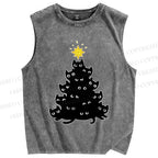 Unisex Black Cat Christmas Tree Printed Washed Tank Top