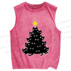 Unisex Black Cat Christmas Tree Printed Washed Tank Top