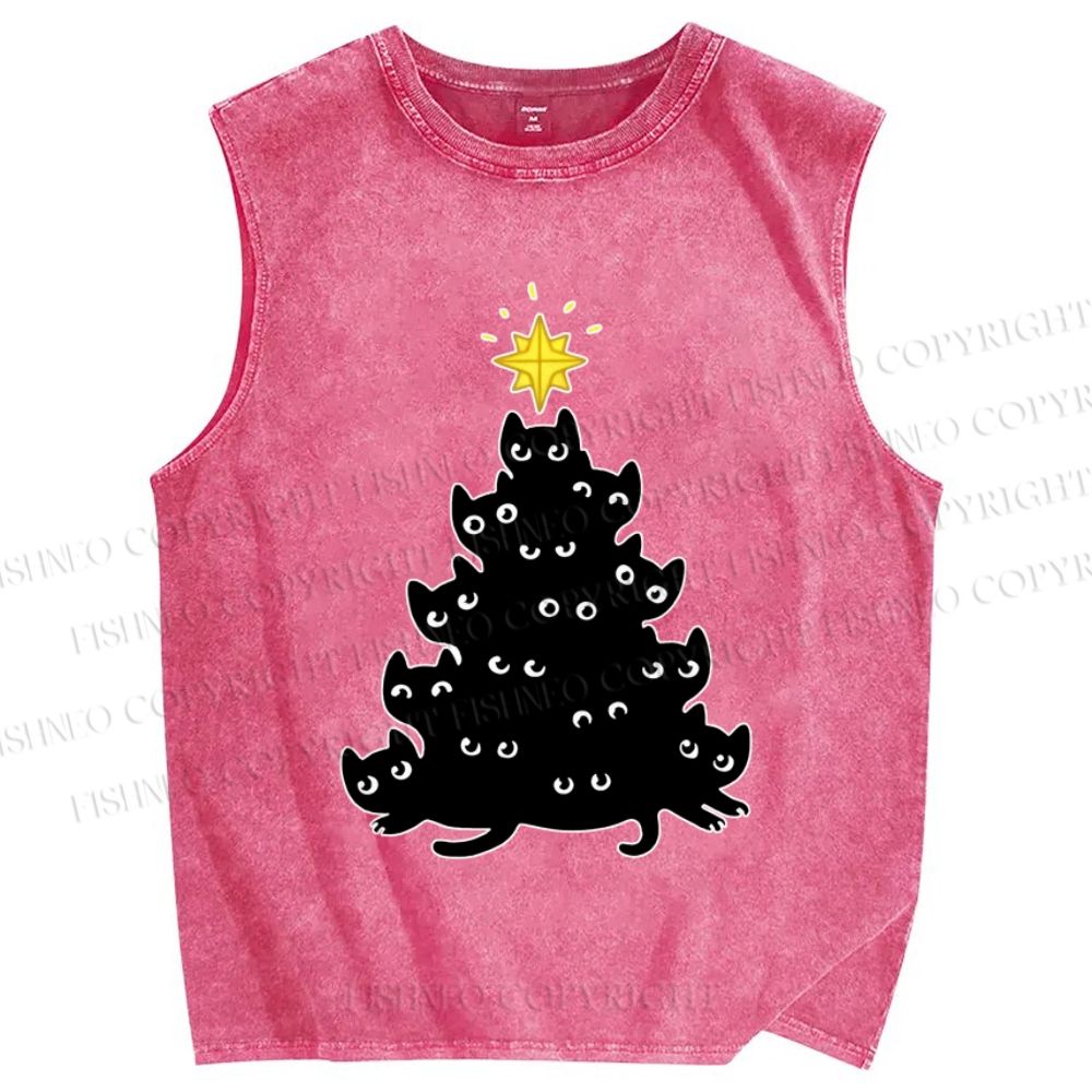 Unisex Black Cat Christmas Tree Printed Washed Tank Top