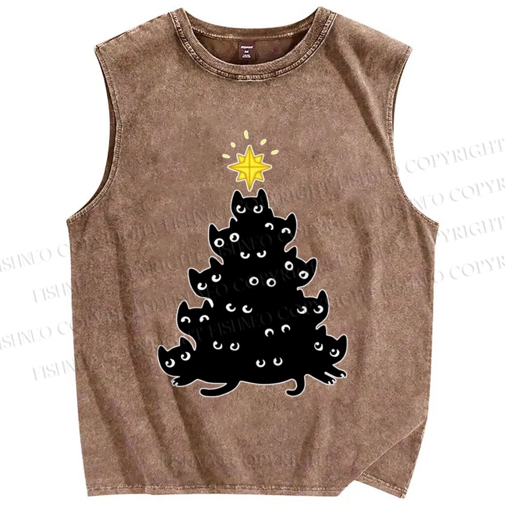 Unisex Black Cat Christmas Tree Printed Washed Tank Top