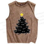 Unisex Black Cat Christmas Tree Printed Washed Tank Top