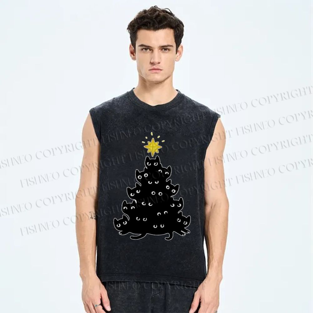 Unisex Black Cat Christmas Tree Printed Washed Tank Top