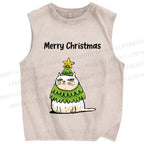 Unisex Merry Christmas Cat Printed Washed Tank Top