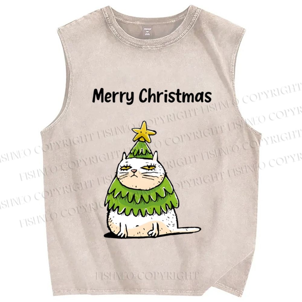 Unisex Merry Christmas Cat Printed Washed Tank Top