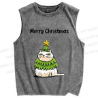 Unisex Merry Christmas Cat Printed Washed Tank Top