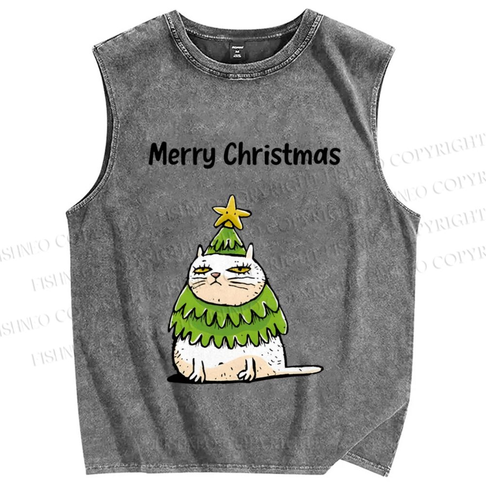 Unisex Merry Christmas Cat Printed Washed Tank Top