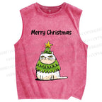 Unisex Merry Christmas Cat Printed Washed Tank Top