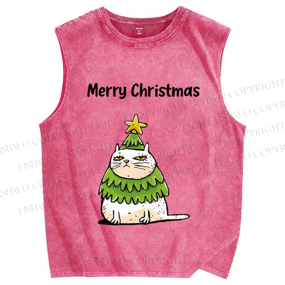 Unisex Merry Christmas Cat Printed Washed Tank Top