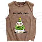 Unisex Merry Christmas Cat Printed Washed Tank Top