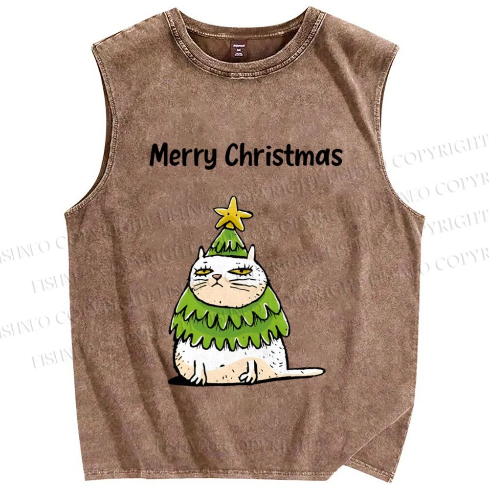Unisex Merry Christmas Cat Printed Washed Tank Top