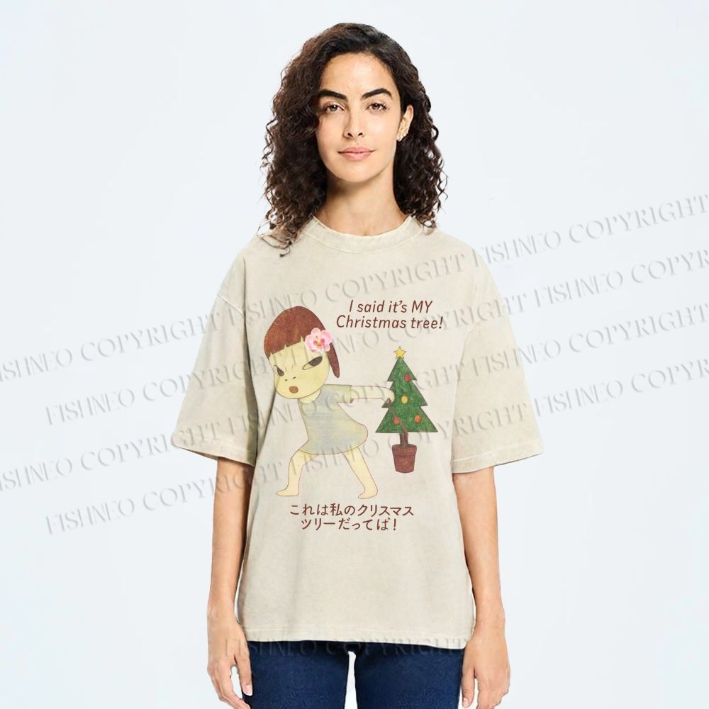 Unisex Yoshitomo Nara Christmas Tree Printed Washed Tee