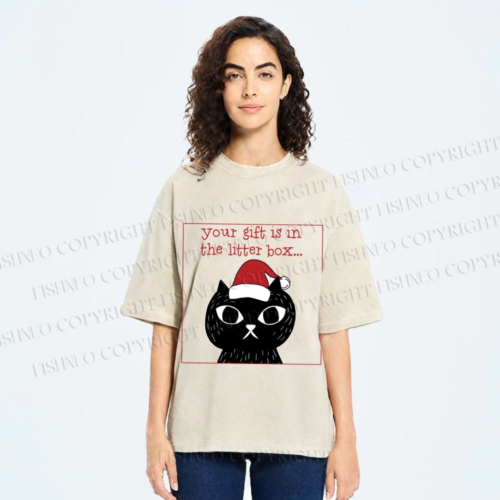 Unisex Christmas Black Cat Your Gift is in this Little Box Printed Washed Tee