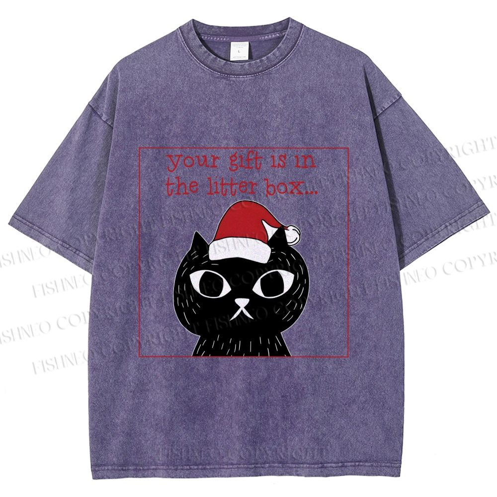 Unisex Christmas Black Cat Your Gift is in this Little Box Printed Washed Tee